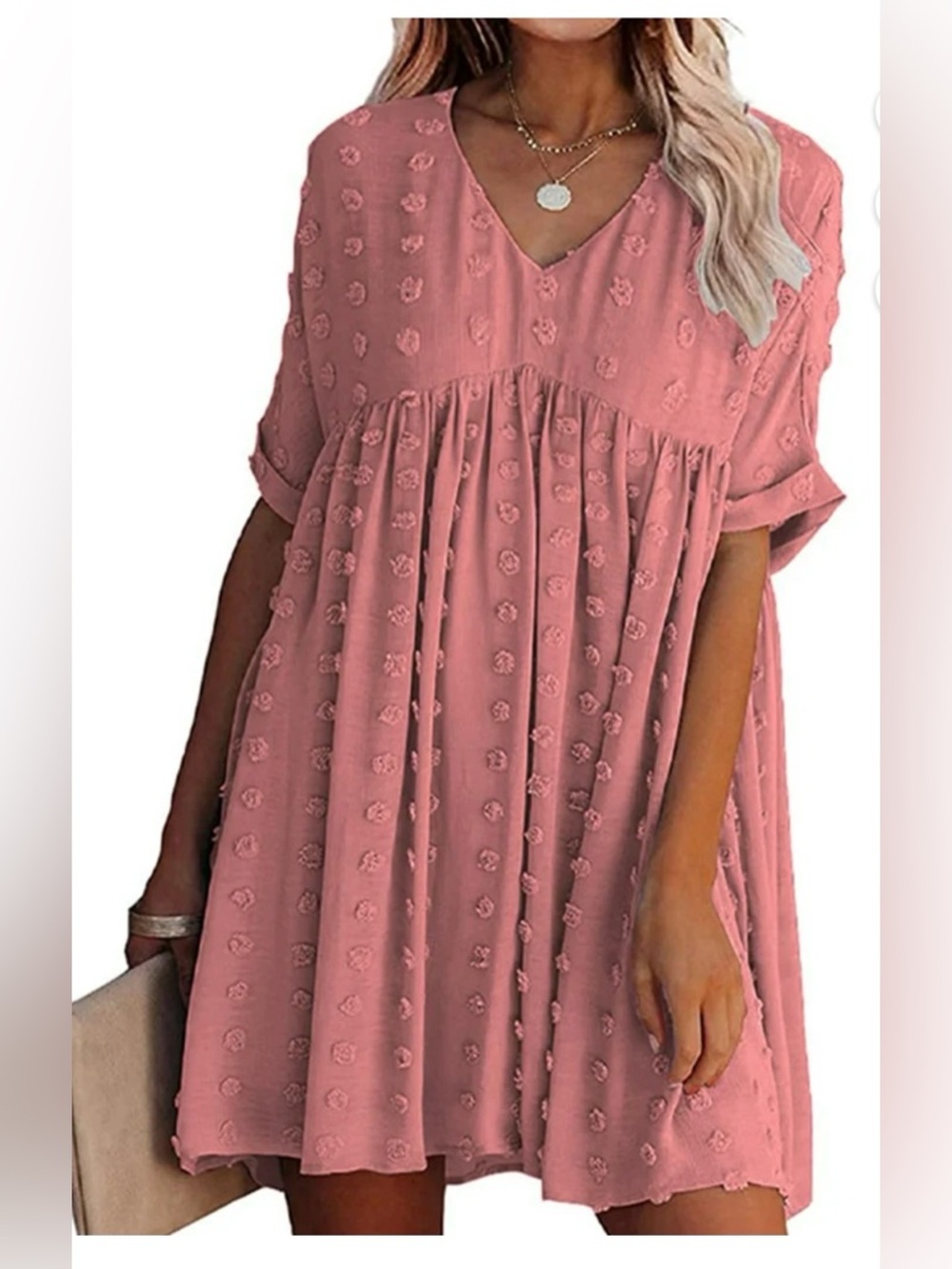 Kirundo Womens Short Sleeves Mini V Neck Swiss Dot Loose Fit Babydoll Dress New
